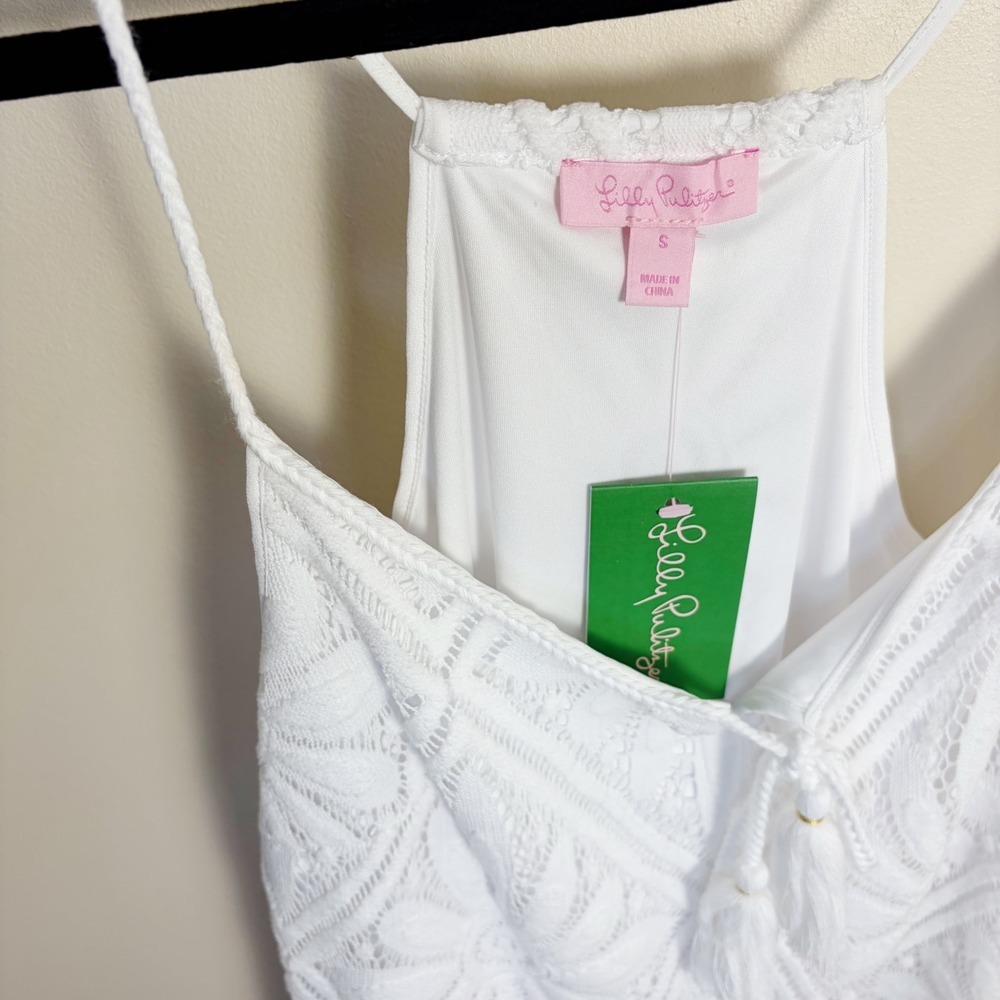 Lilly Pulitzer Dress Womens S White Dusk Dress Delray Diamond Lace Tassel V-Neck - Picture 5 of 10